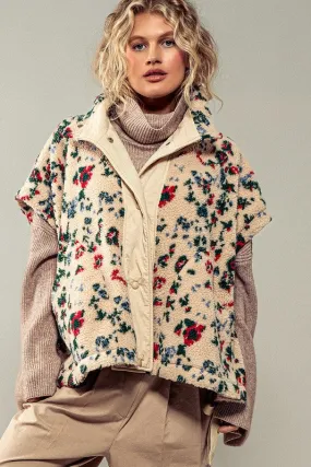 Garden Print Cream Teddy Fleece Vest/Poncho