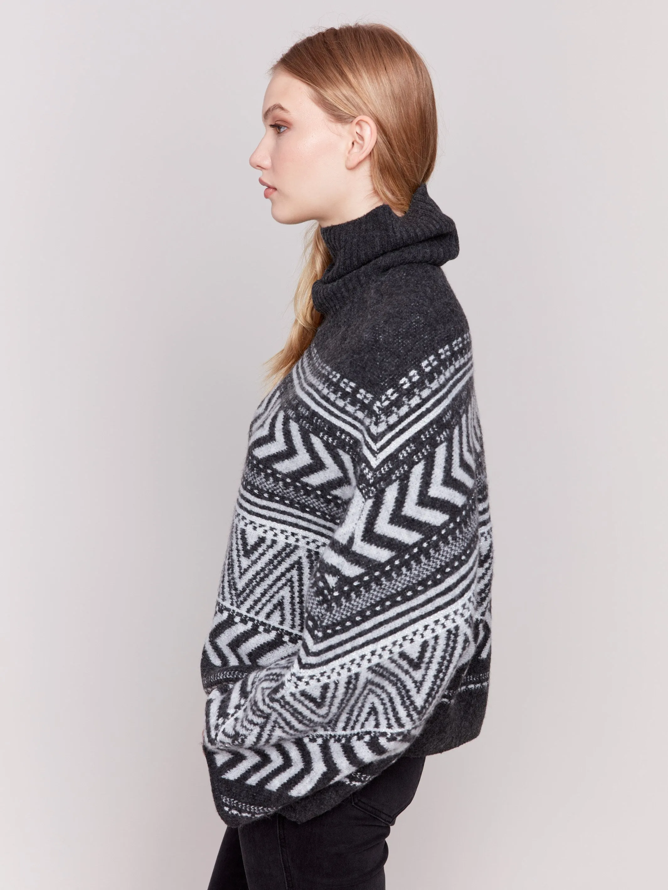 Geometric Jacquard Poncho with Buttoned Sleeves - Charcoal