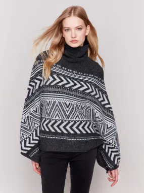 Geometric Jacquard Poncho with Buttoned Sleeves - Charcoal