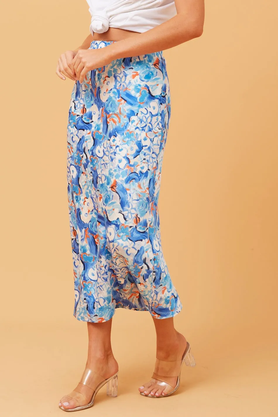 GLINDA SATIN PRINTED MIDI SKIRT