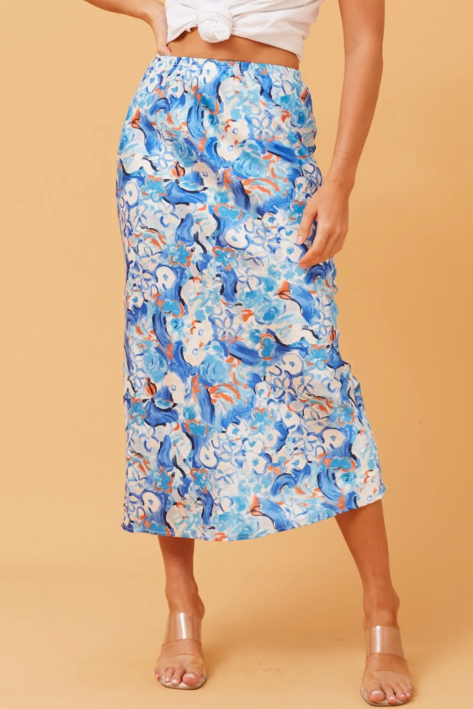 GLINDA SATIN PRINTED MIDI SKIRT