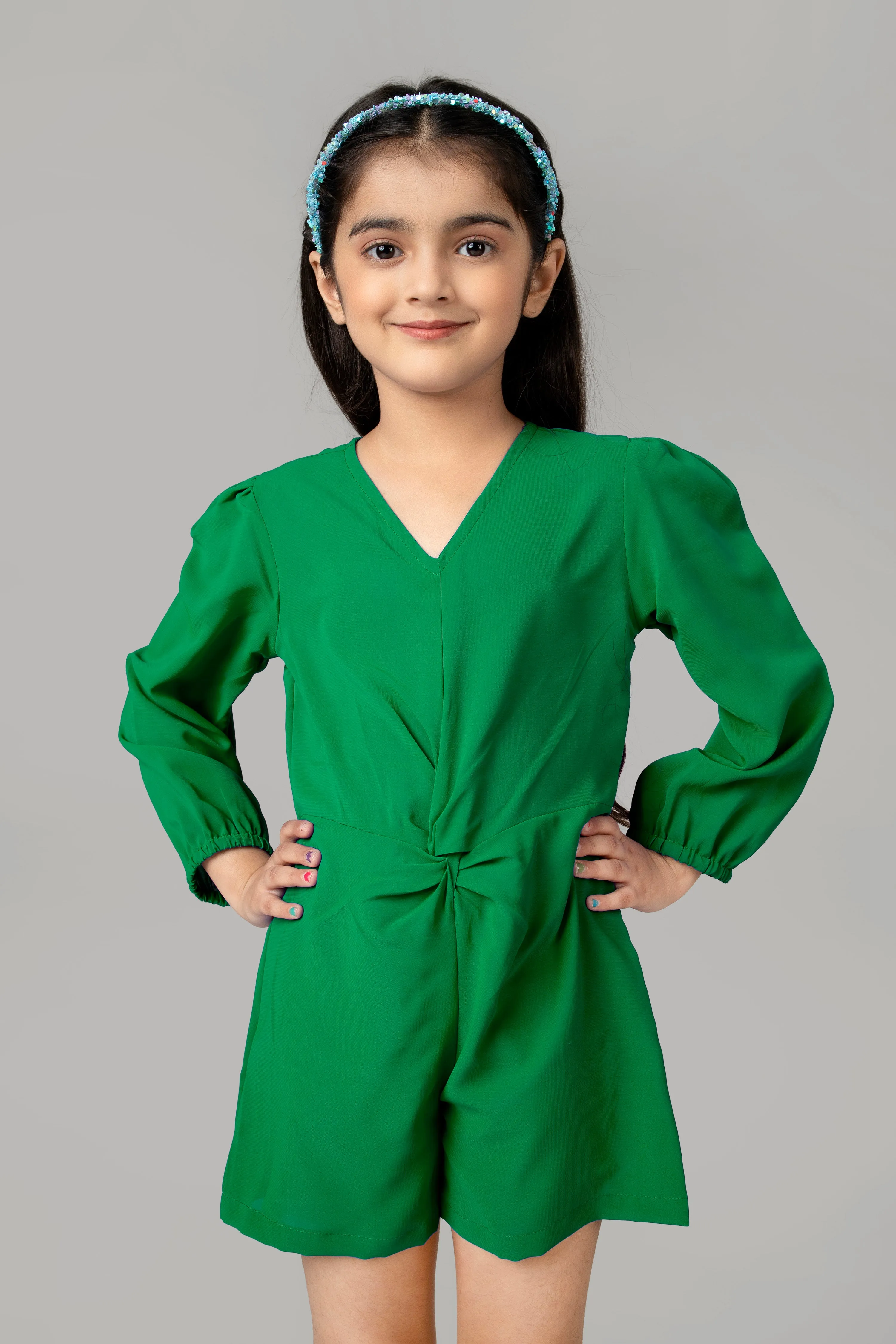 Green Front Knot Jumpsuit For Girls