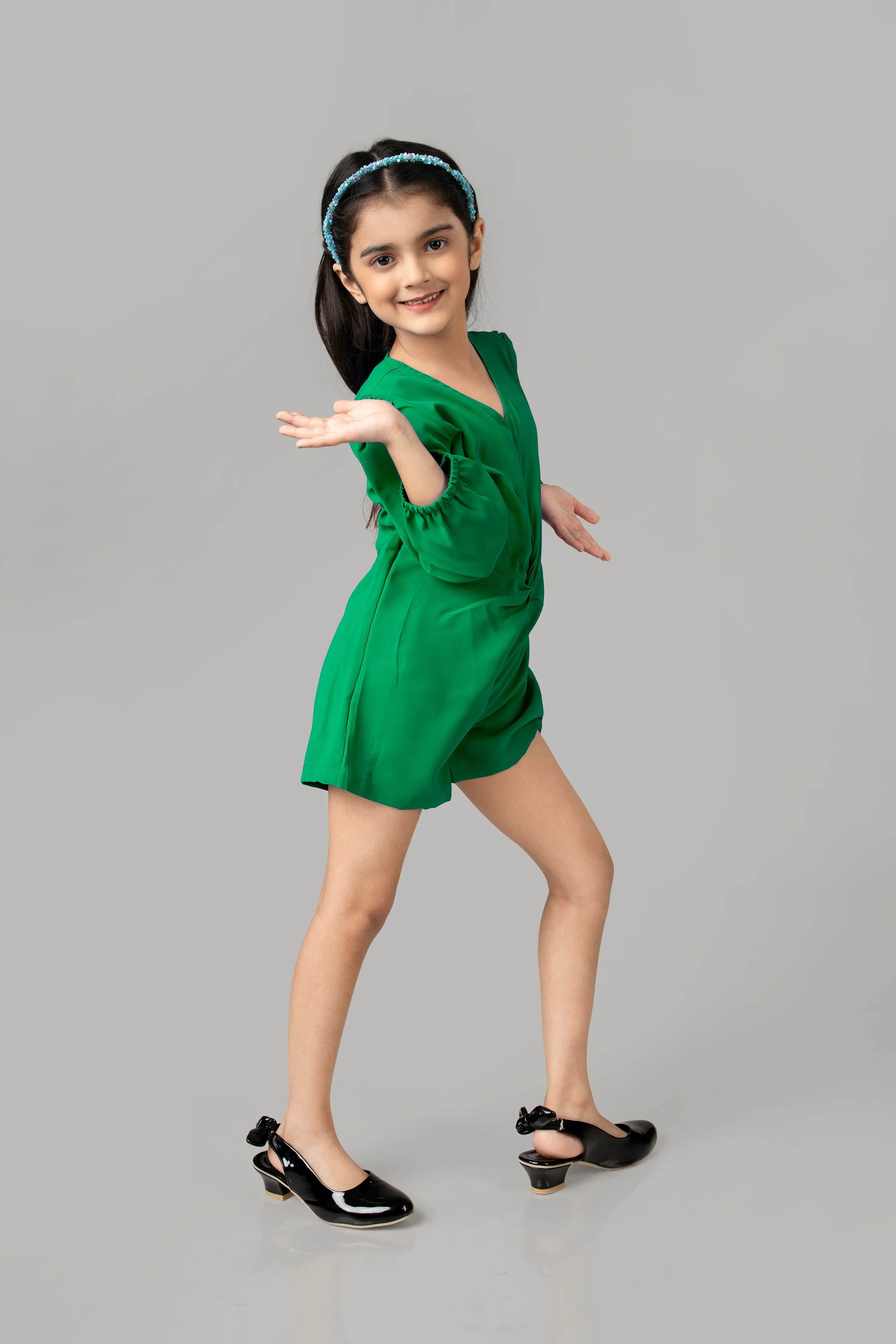 Green Front Knot Jumpsuit For Girls