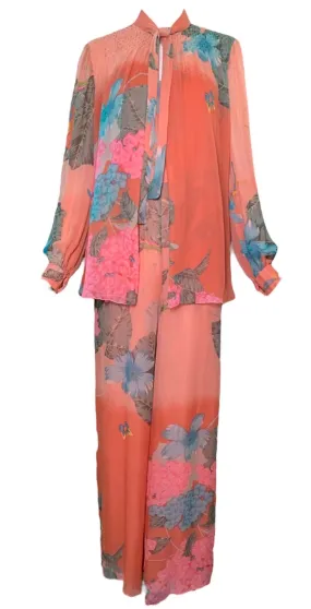 Hanae Mori 70s Floral Chiffon Jumpsuit with Matching Jacket