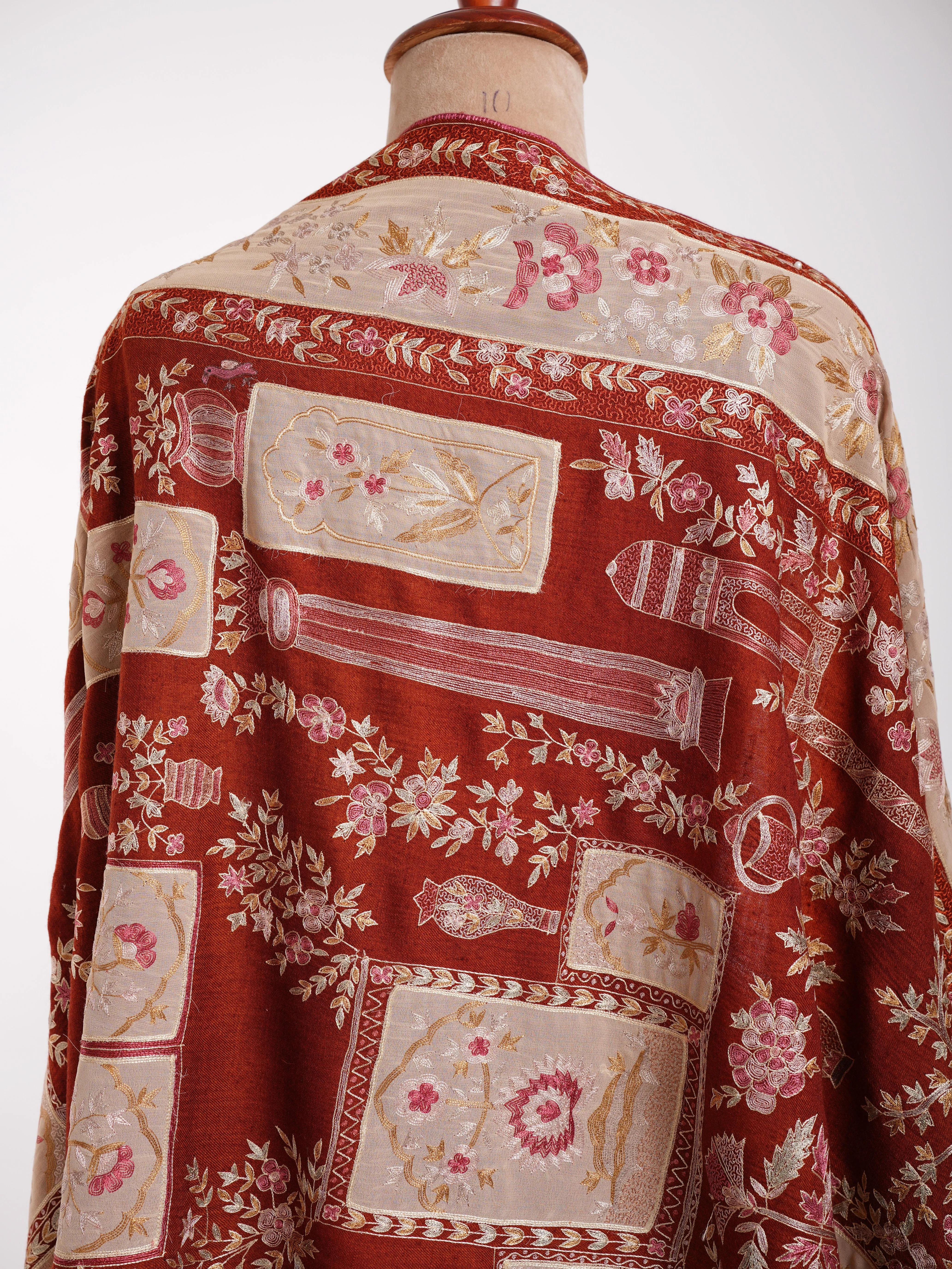 Hand Embroidered Patched Kalamkari Pashmina Shawl Cinnamon Stick