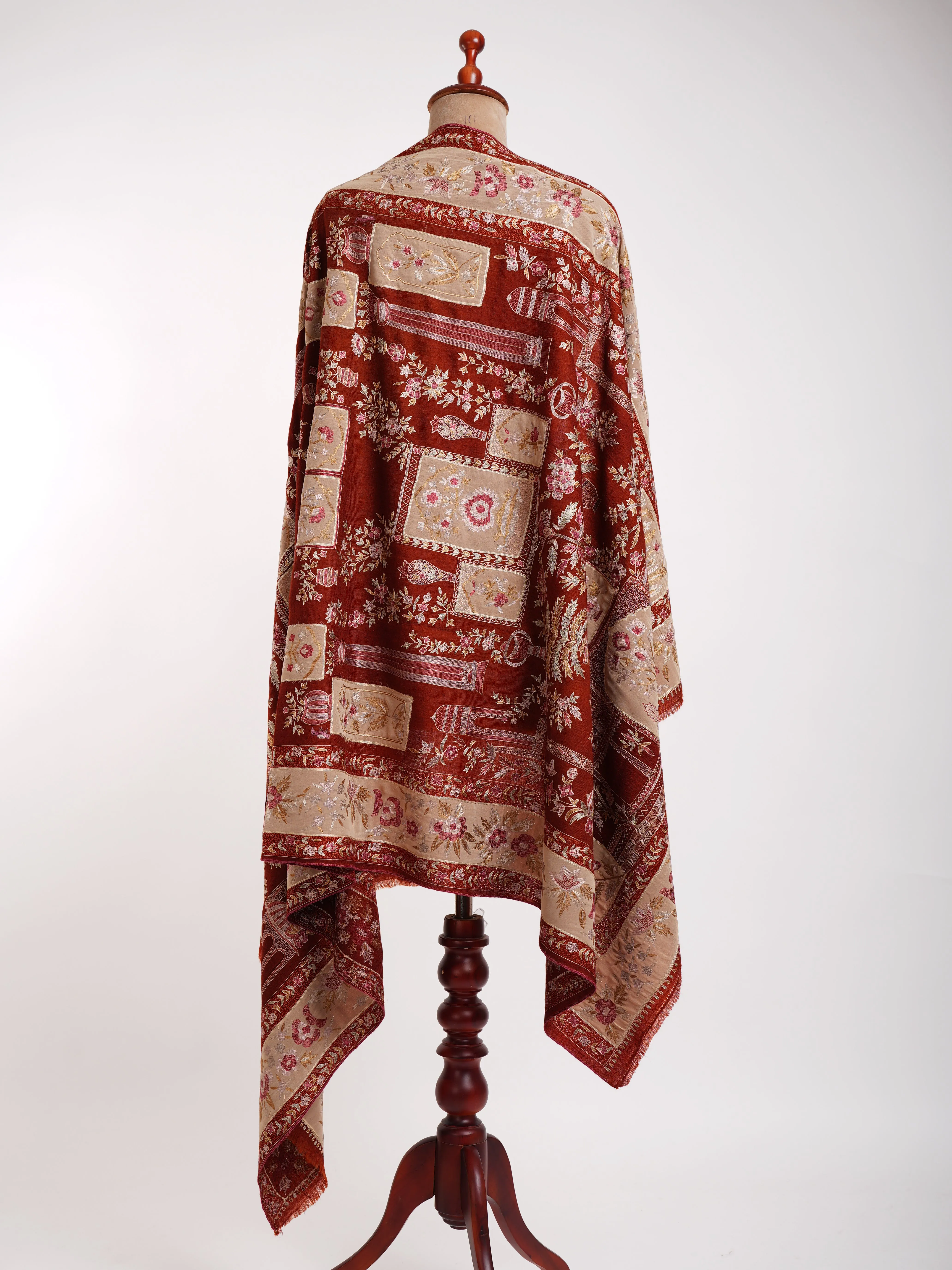 Hand Embroidered Patched Kalamkari Pashmina Shawl Cinnamon Stick