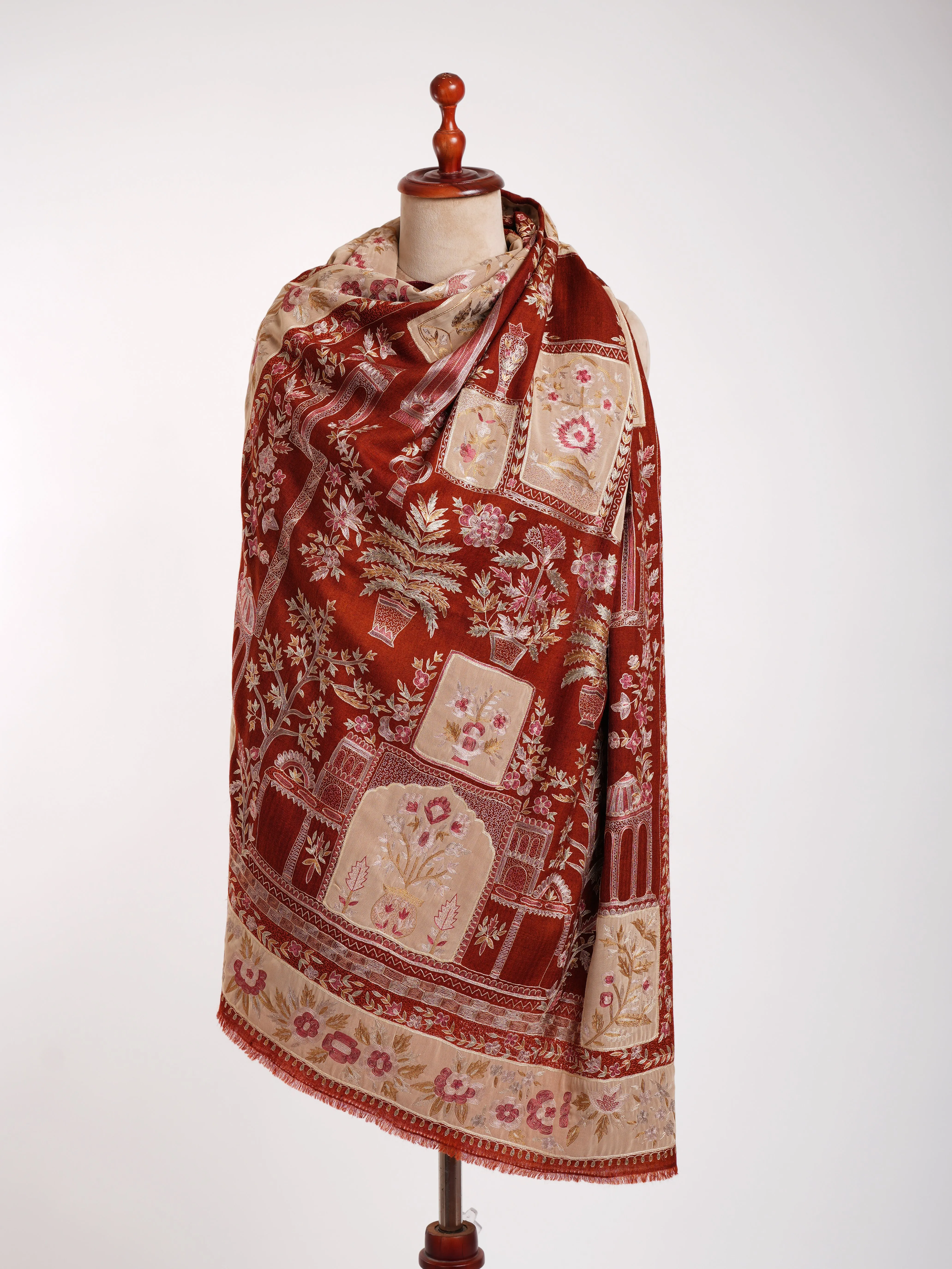 Hand Embroidered Patched Kalamkari Pashmina Shawl Cinnamon Stick