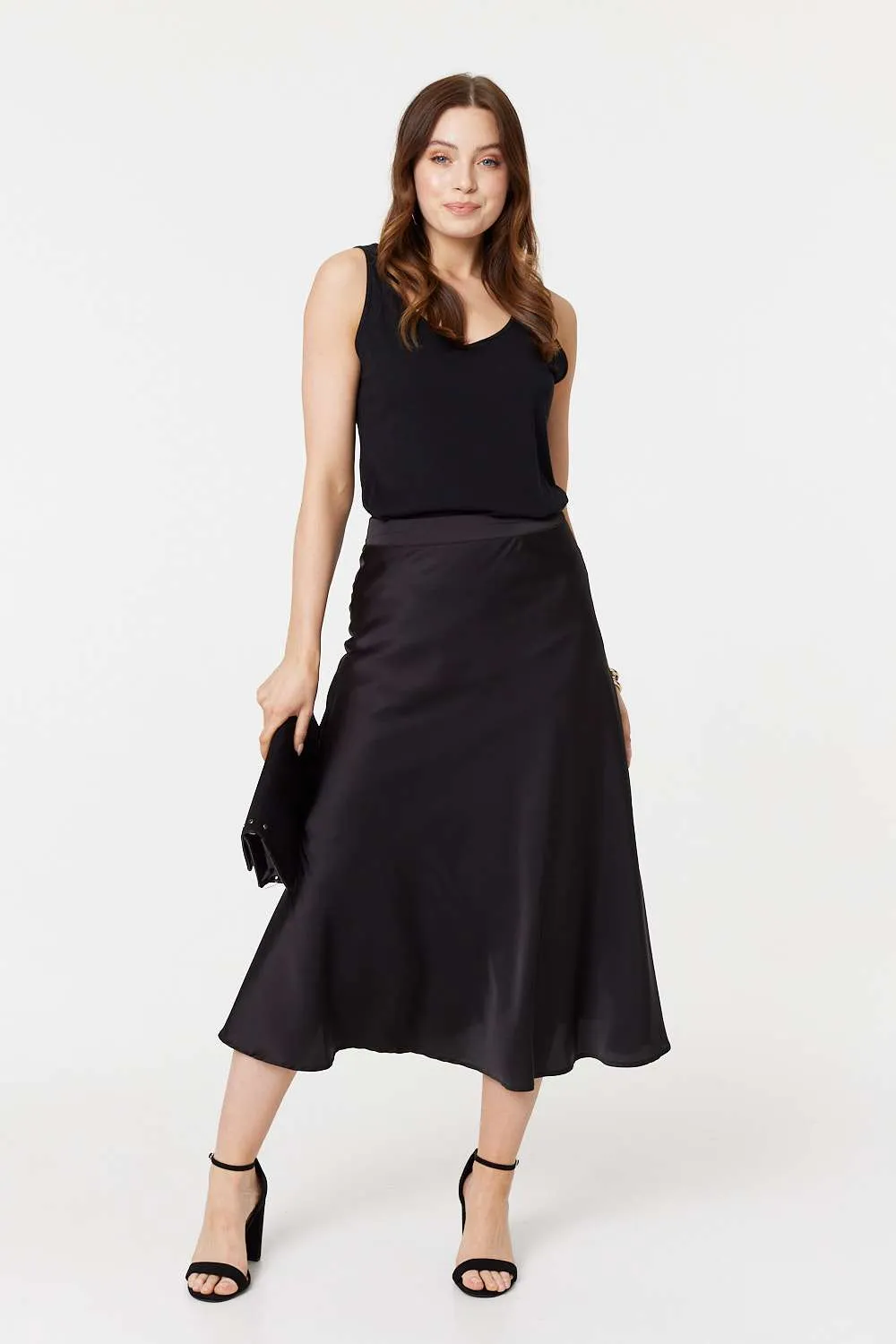 High Waist A-Line Midi Slip Skirt