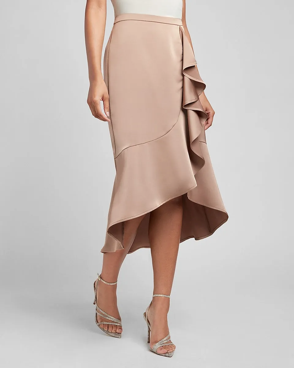 High Waisted Satin Ruffle Front Midi Skirt in Blush Taupe