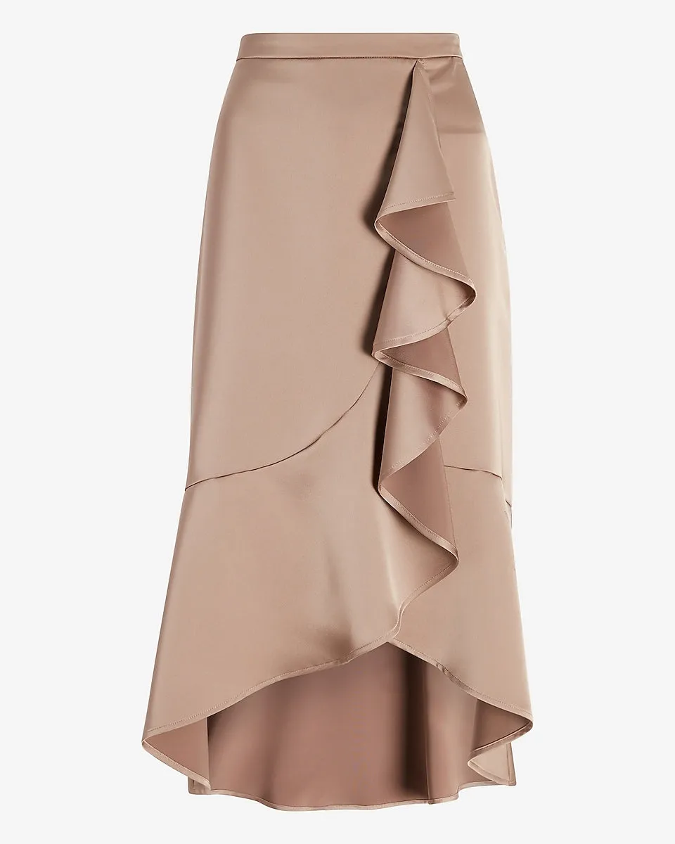 High Waisted Satin Ruffle Front Midi Skirt in Blush Taupe