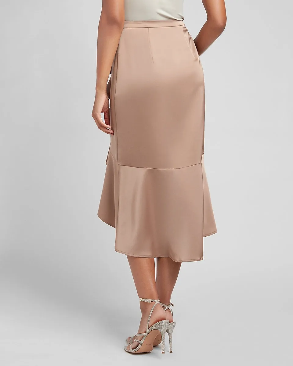 High Waisted Satin Ruffle Front Midi Skirt in Blush Taupe