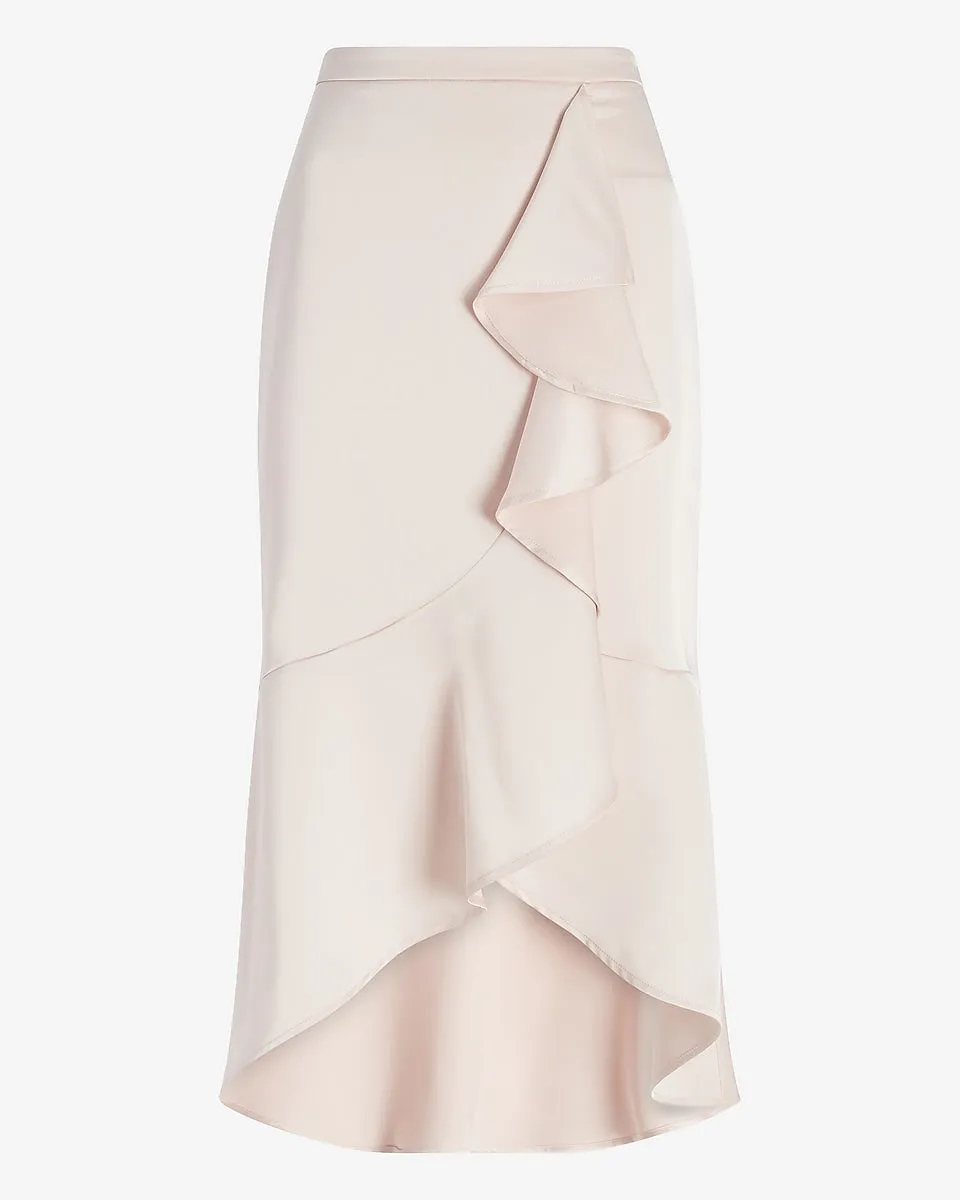 High Waisted Satin Ruffle Front Midi Skirt in Pale Peony