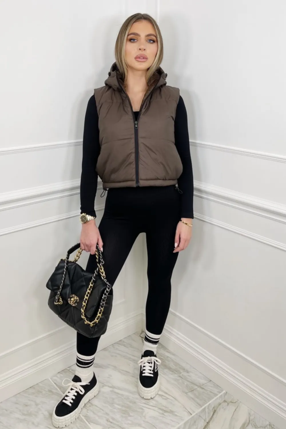 Jess brown cropped hooded puffer gilet