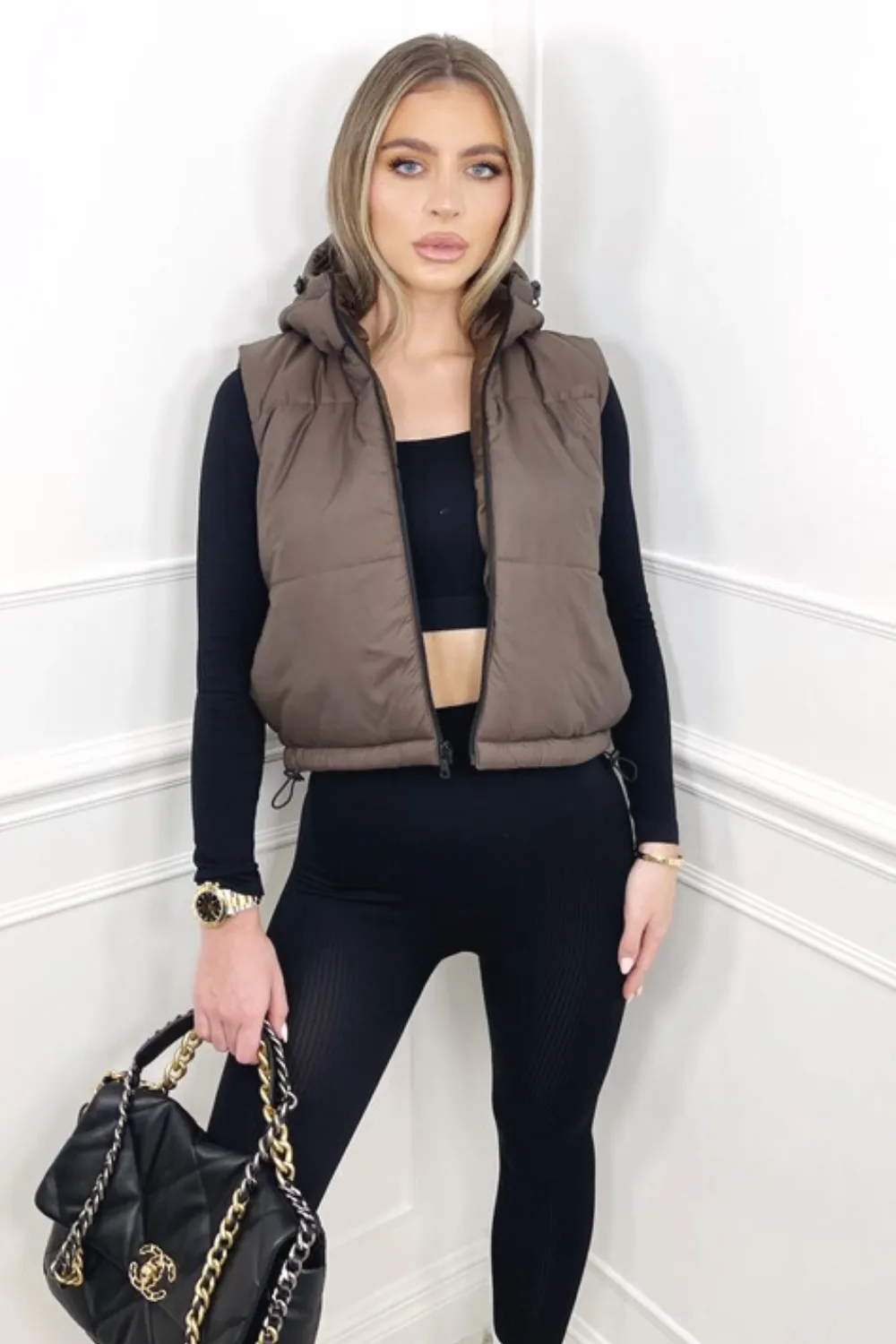 Jess brown cropped hooded puffer gilet