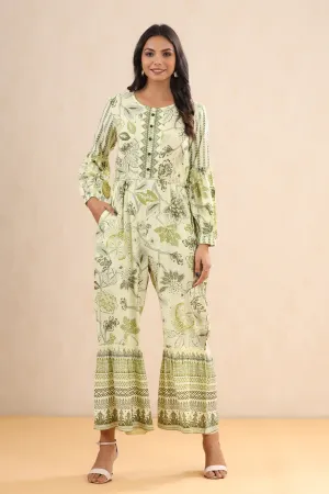 Juniper Light Olive Floral Printed Rayon Jumpsuit.