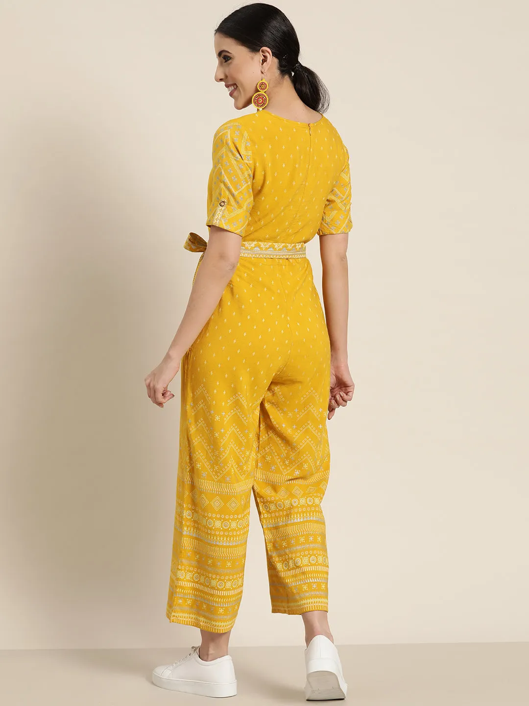 Juniper Mustard Ethnic Motif Printed Rayon Flex Jumpsuit.