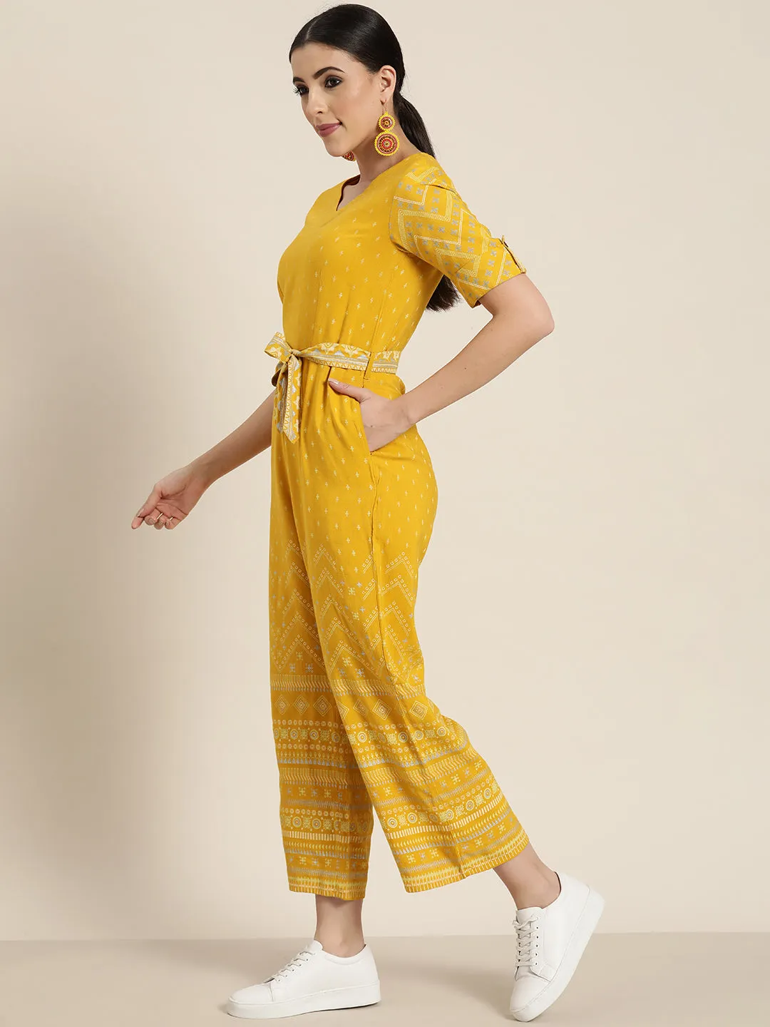 Juniper Mustard Ethnic Motif Printed Rayon Flex Jumpsuit.