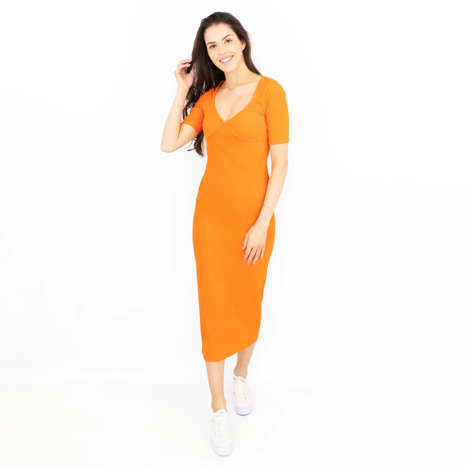 Karen Millen Orange Ribbed Short Sleeve V-Neck Stretchy Bodycon Midi Dresses