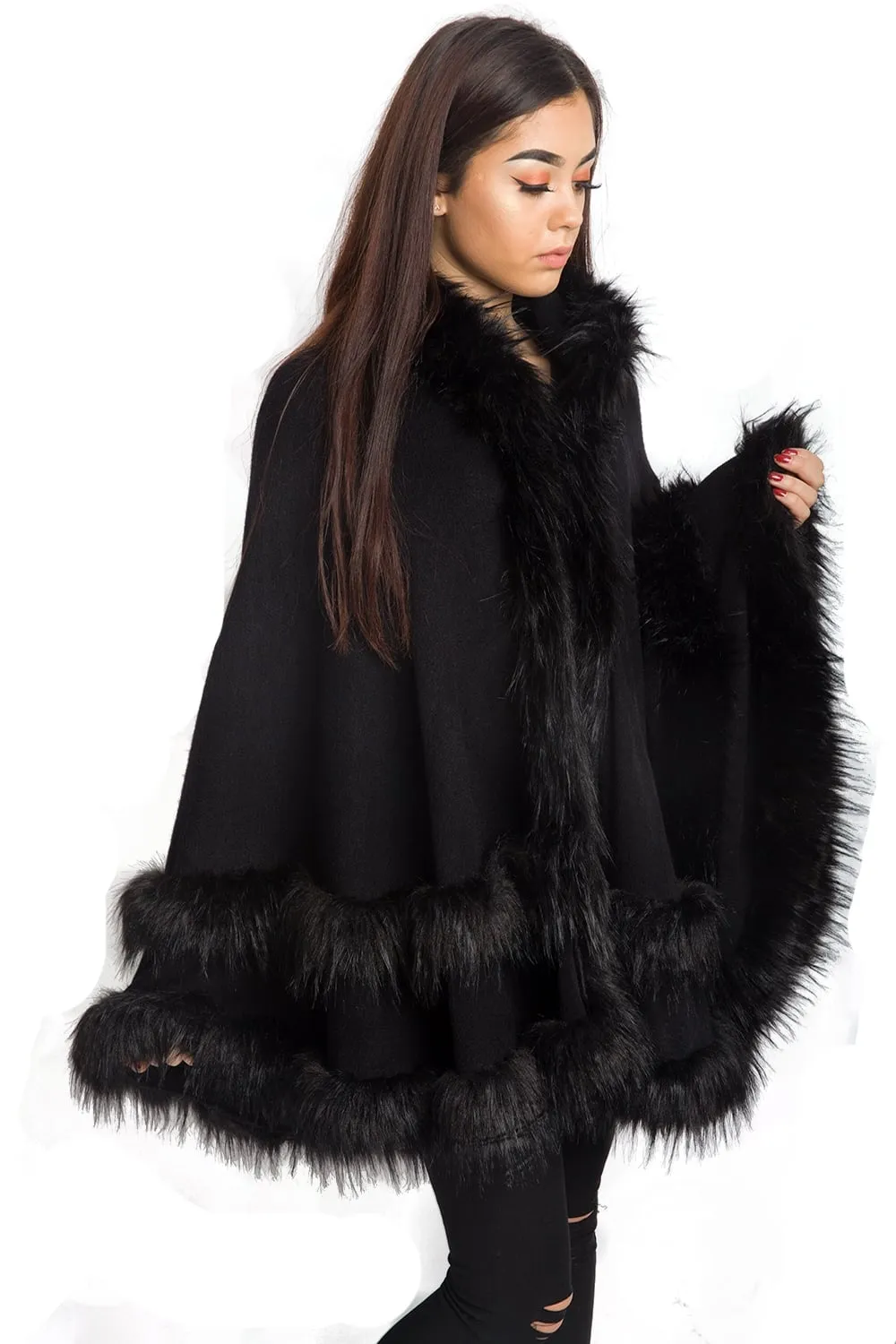 Knitted Double Layer Hooded Faux Fur Swing Cape Poncho