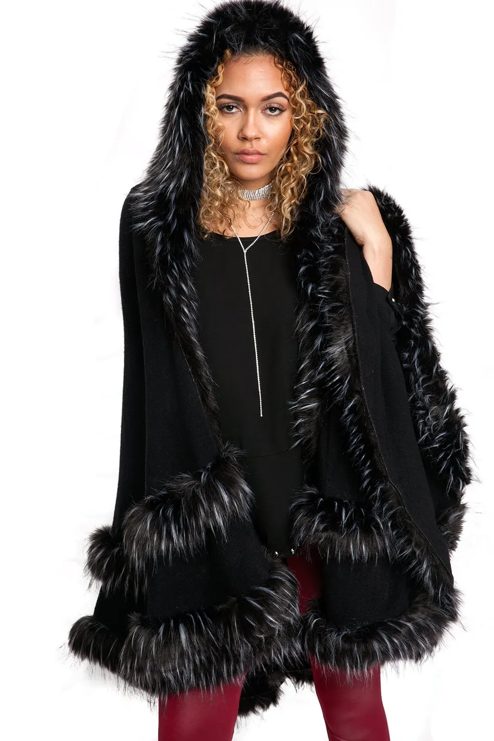 Knitted Double Layer Hooded Faux Fur Swing Cape Poncho