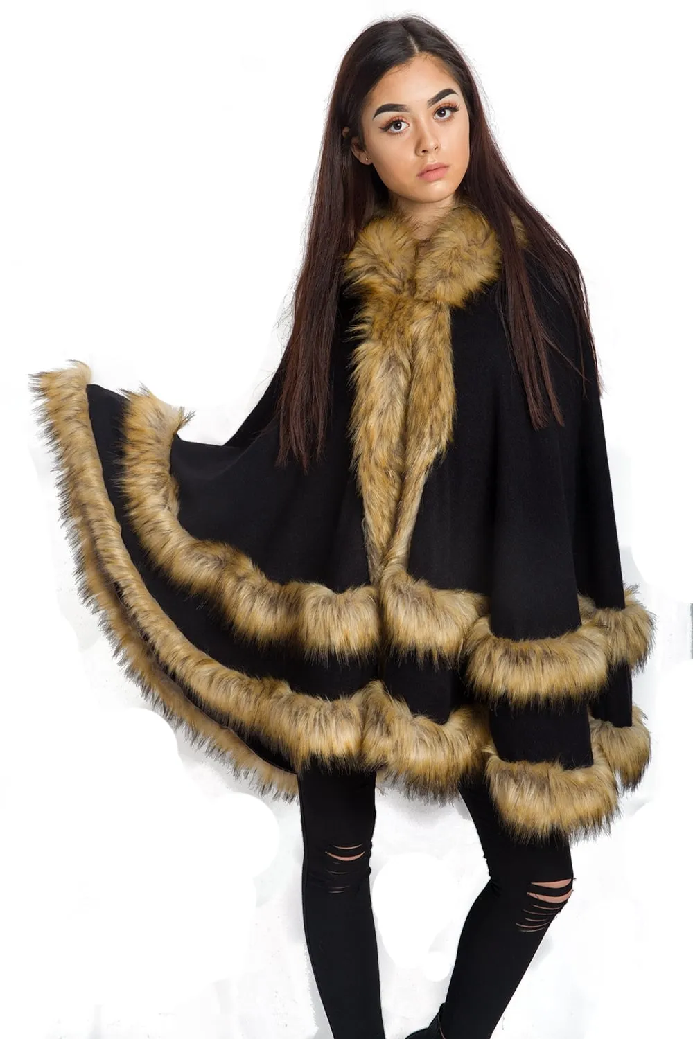 Knitted Double Layer Hooded Faux Fur Swing Cape Poncho