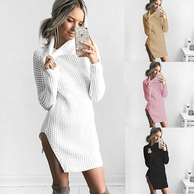 Ladies side split turtle neck sweater dress