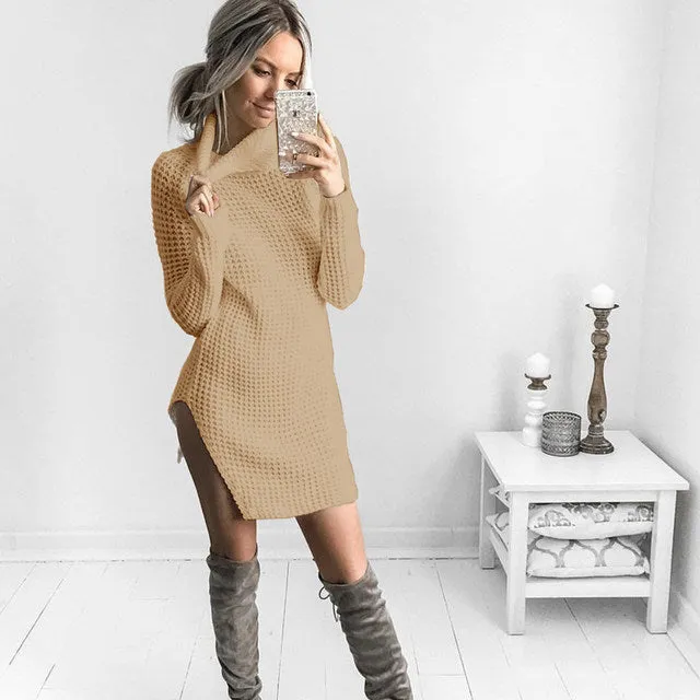 Ladies side split turtle neck sweater dress