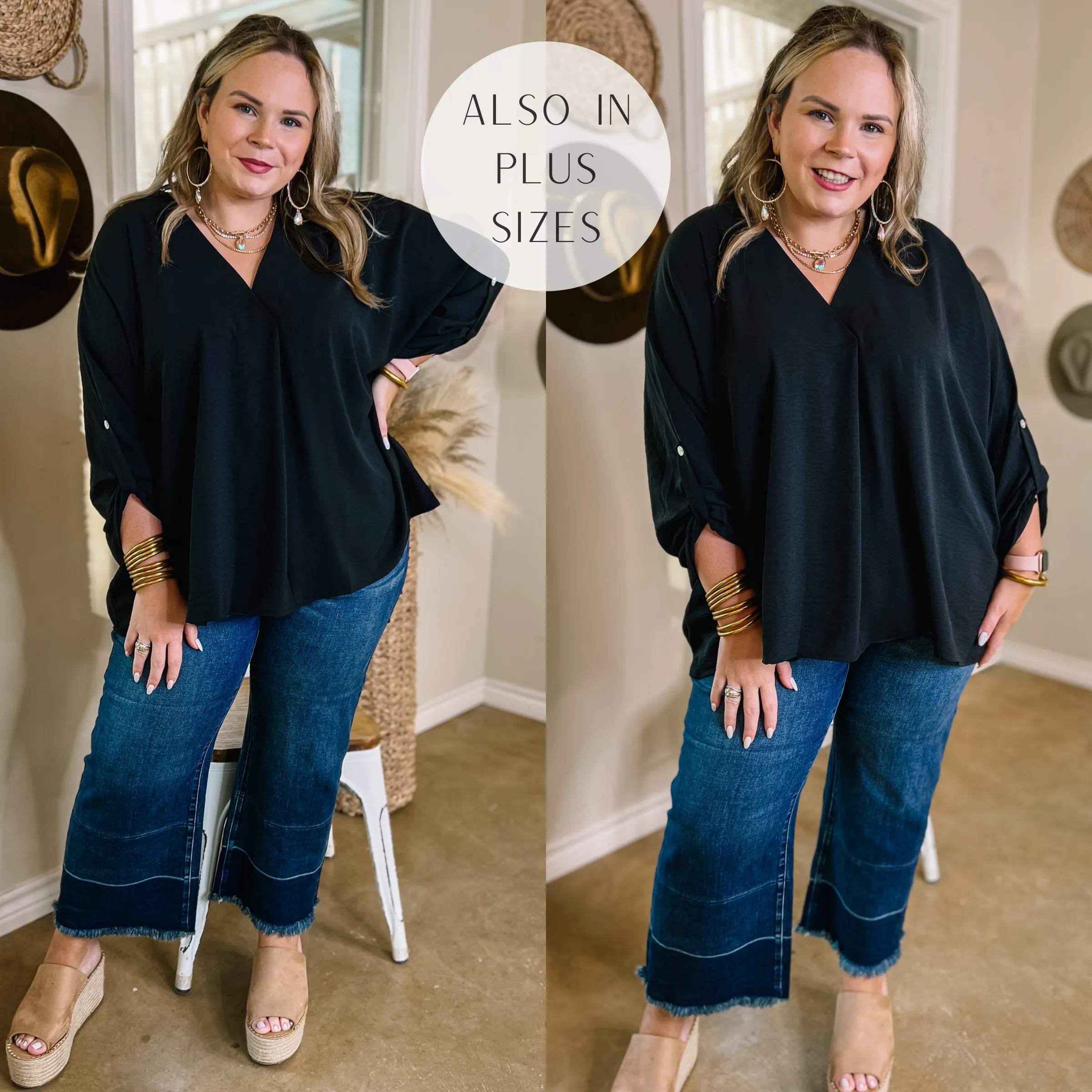 Last Chance Size Small & Medium | Weekend Out V Neck Placket 3/4 Sleeve Top in Black