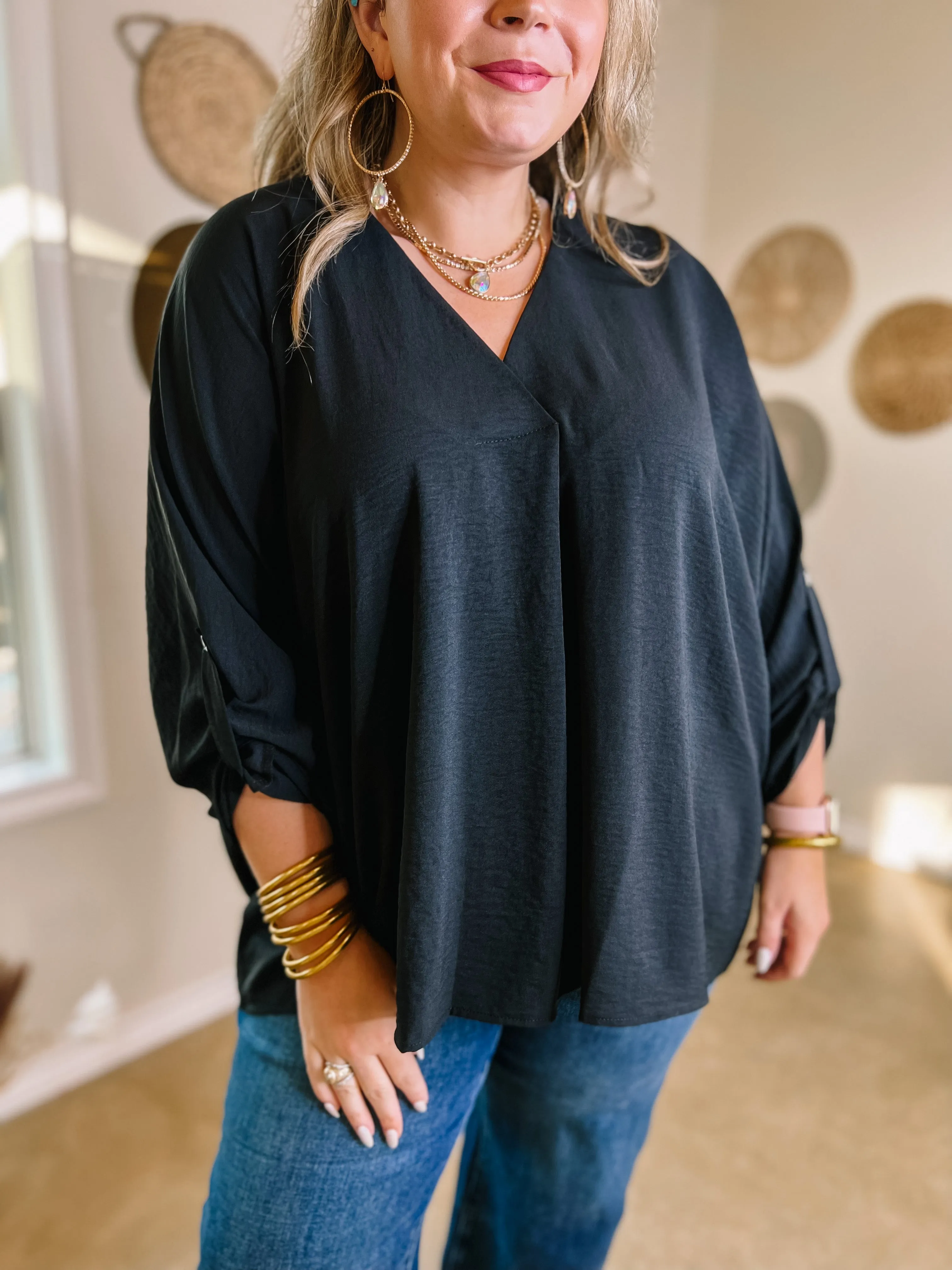 Last Chance Size Small & Medium | Weekend Out V Neck Placket 3/4 Sleeve Top in Black