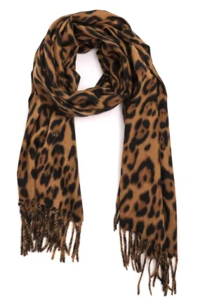 Leopard Print Fringed Scarf - Camel