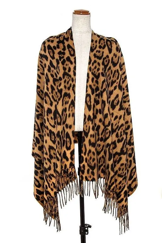 Leopard Print Fringed Scarf - Camel