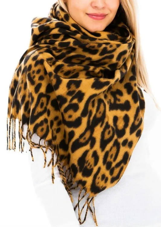 Leopard Print Fringed Scarf - Camel