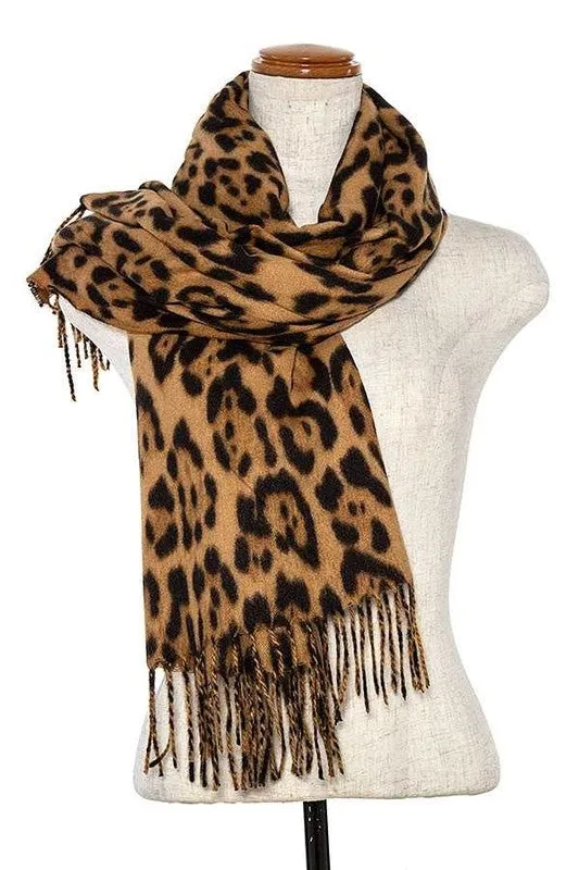 Leopard Print Fringed Scarf - Camel