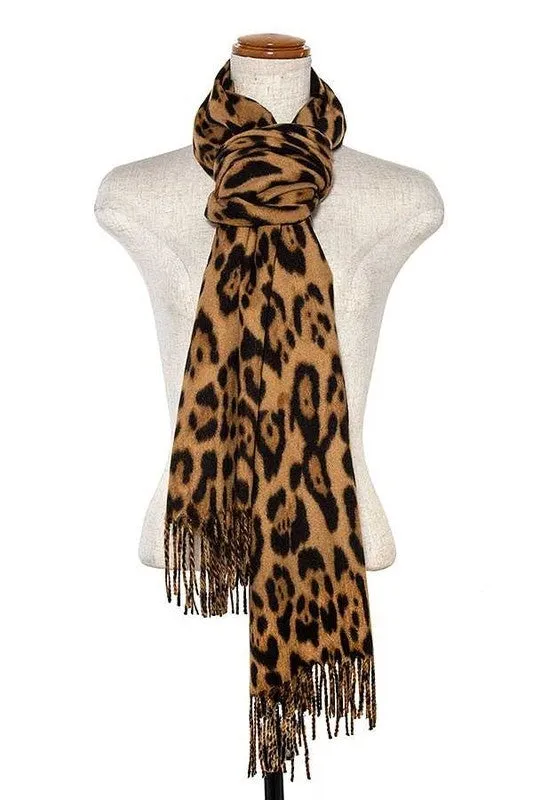 Leopard Print Fringed Scarf - Camel