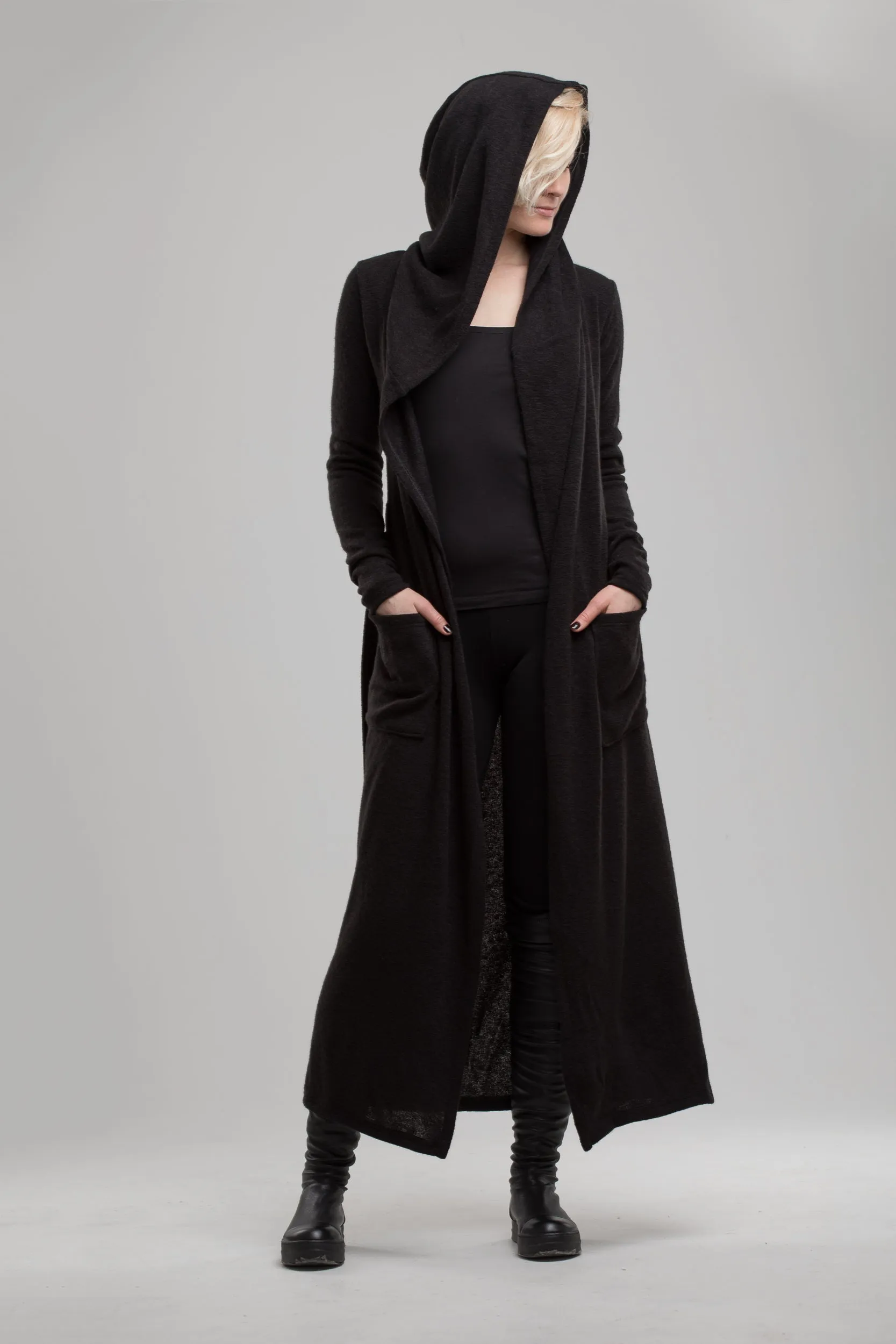 Long Black Cardigan with Hood