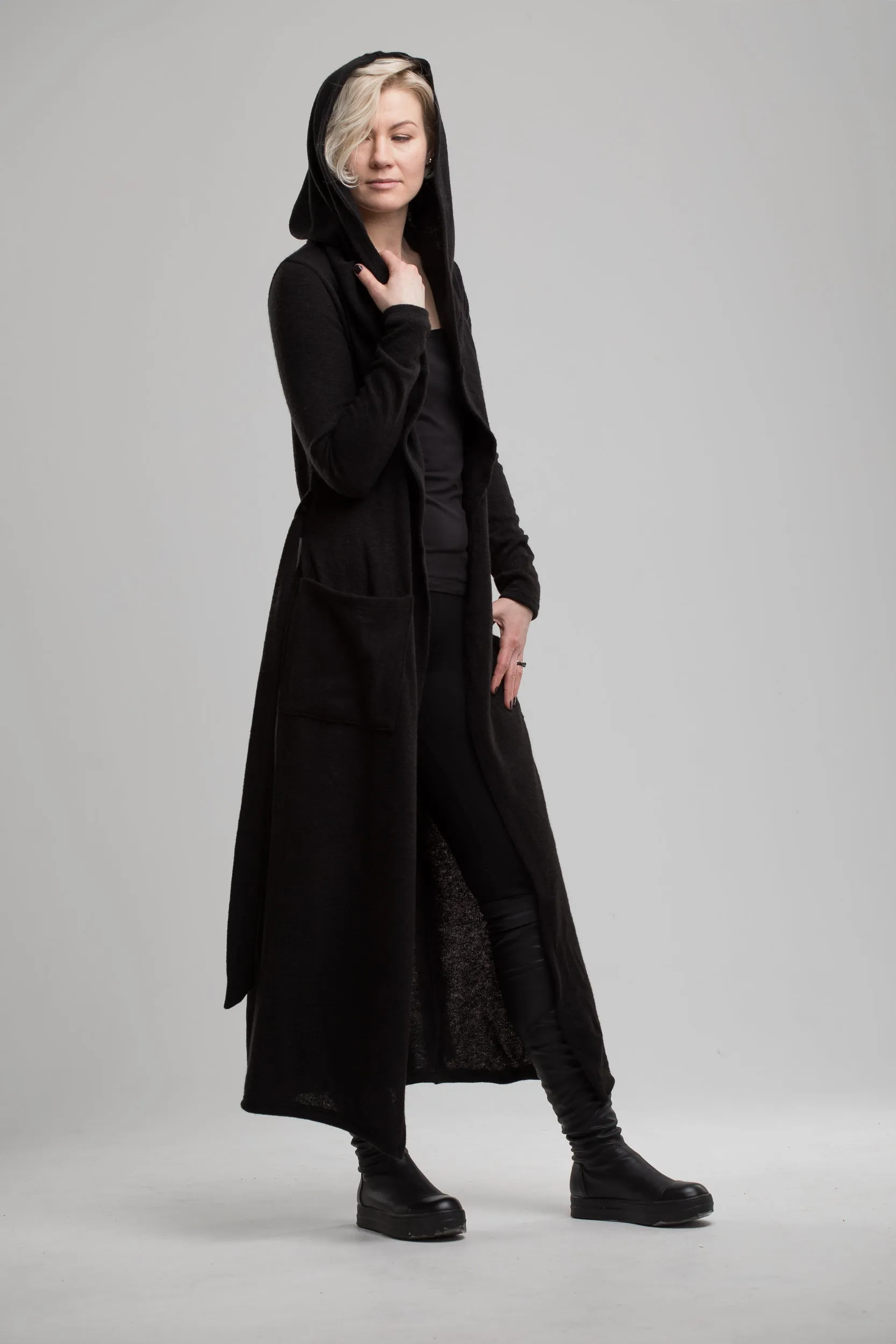 Long Black Cardigan with Hood