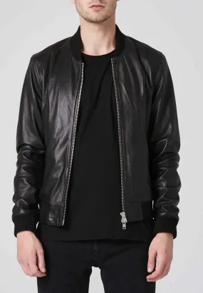 Men's Black Leather Bomber Jacket Double Zipper