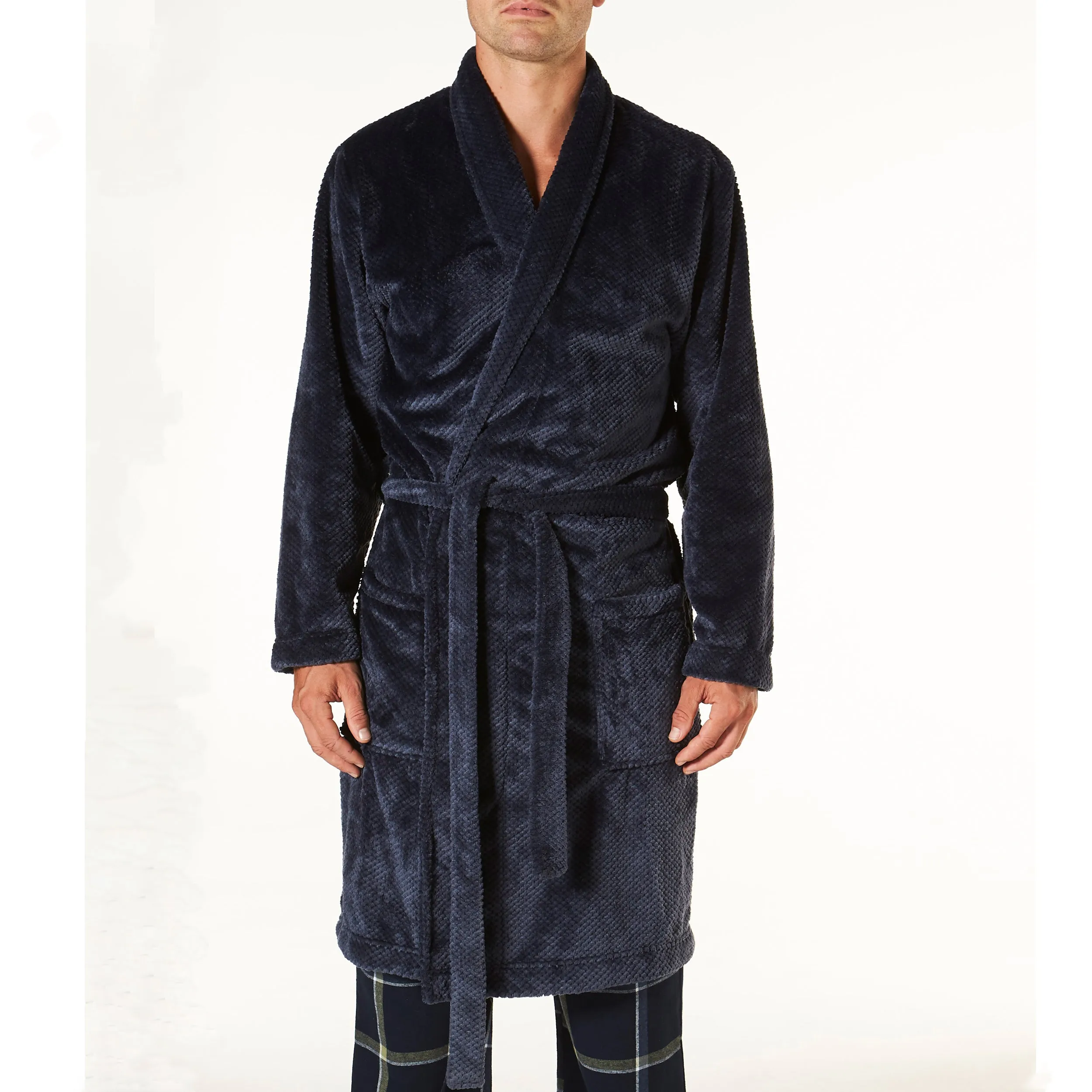 Men's Waffle Texture Coral Fleece Robe - Navy