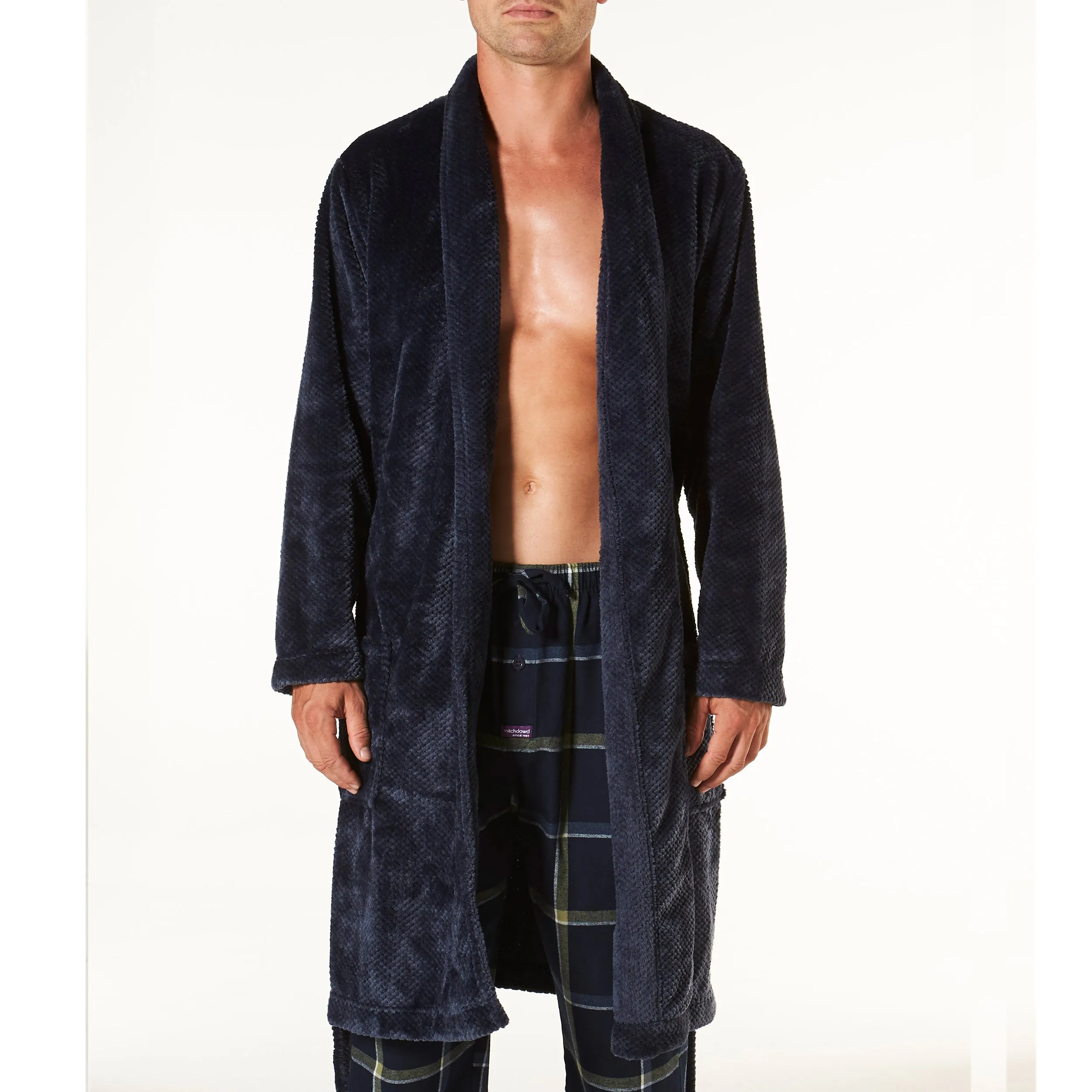 Men's Waffle Texture Coral Fleece Robe - Navy