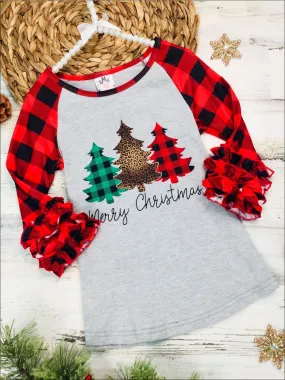 Merry Christmas Festive Tree Ruffle Raglan Top