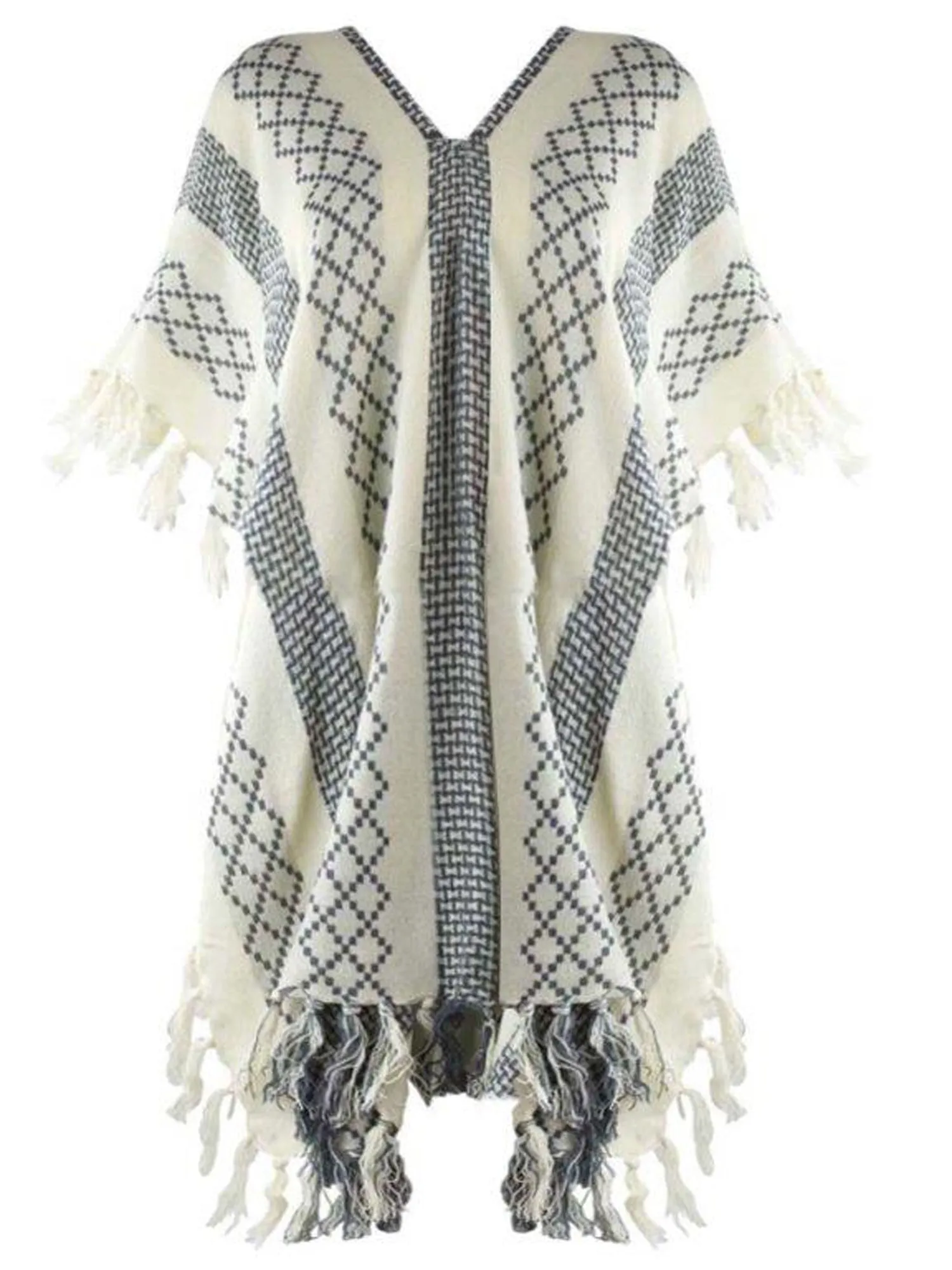 Mixed Pattern Knit Poncho With Tassel Fringe