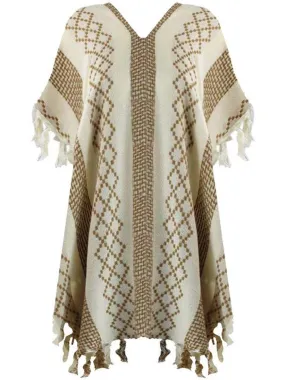 Mixed Pattern Knit Poncho With Tassel Fringe