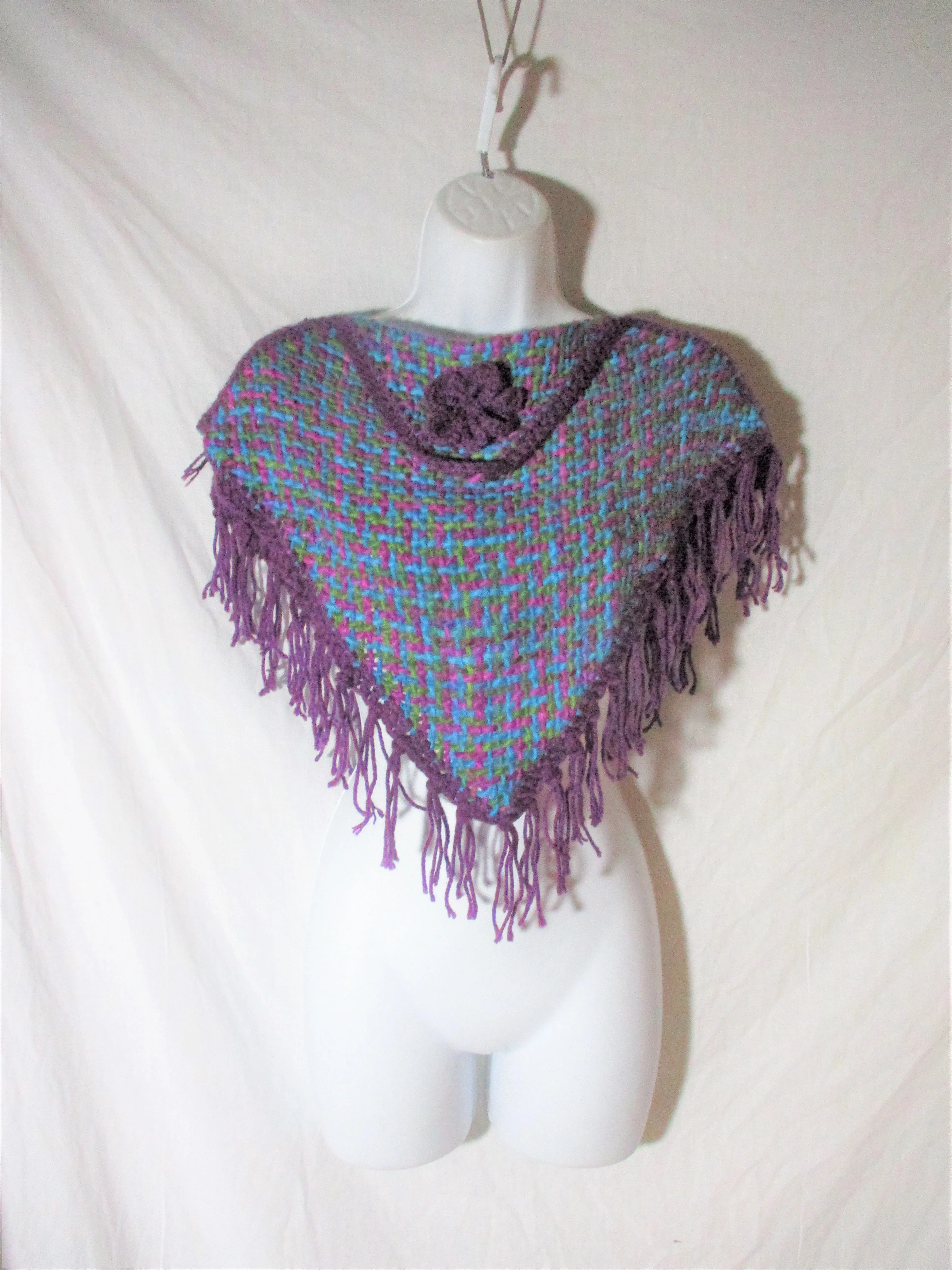 New ATELIER ADONAY Handmade LOOM Poncho Cape Jacket Hippie PURPLE Girls FRINGE Ethnic