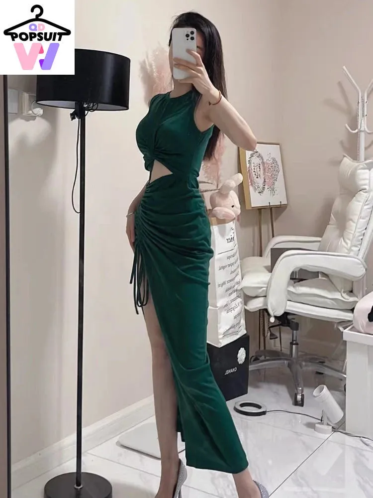 New In Summer Women Dress Sexy Elegant Casual O Neck Drawstring Slit Pleated Sleeveless Street Wear Party Bodycon Long Dresses