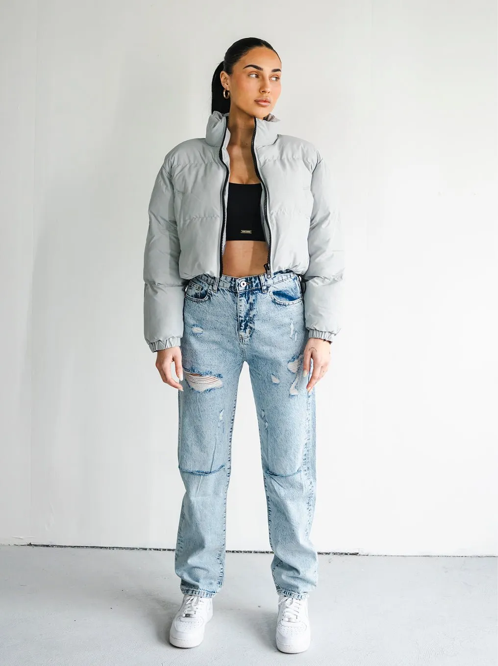 Observer Cropped Puffer Jacket - Stone Gray