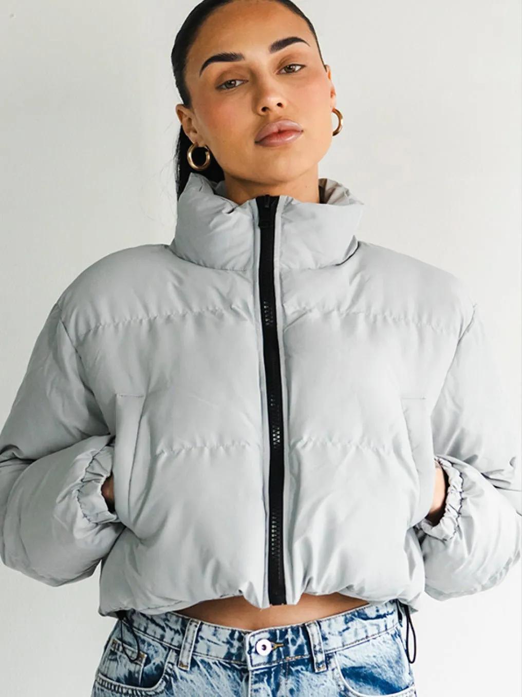 Observer Cropped Puffer Jacket - Stone Gray