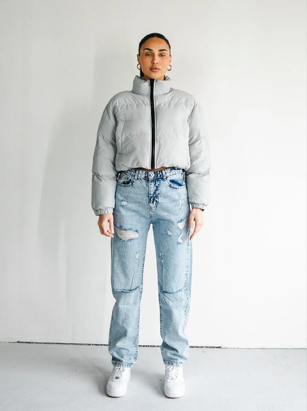 Observer Cropped Puffer Jacket - Stone Gray