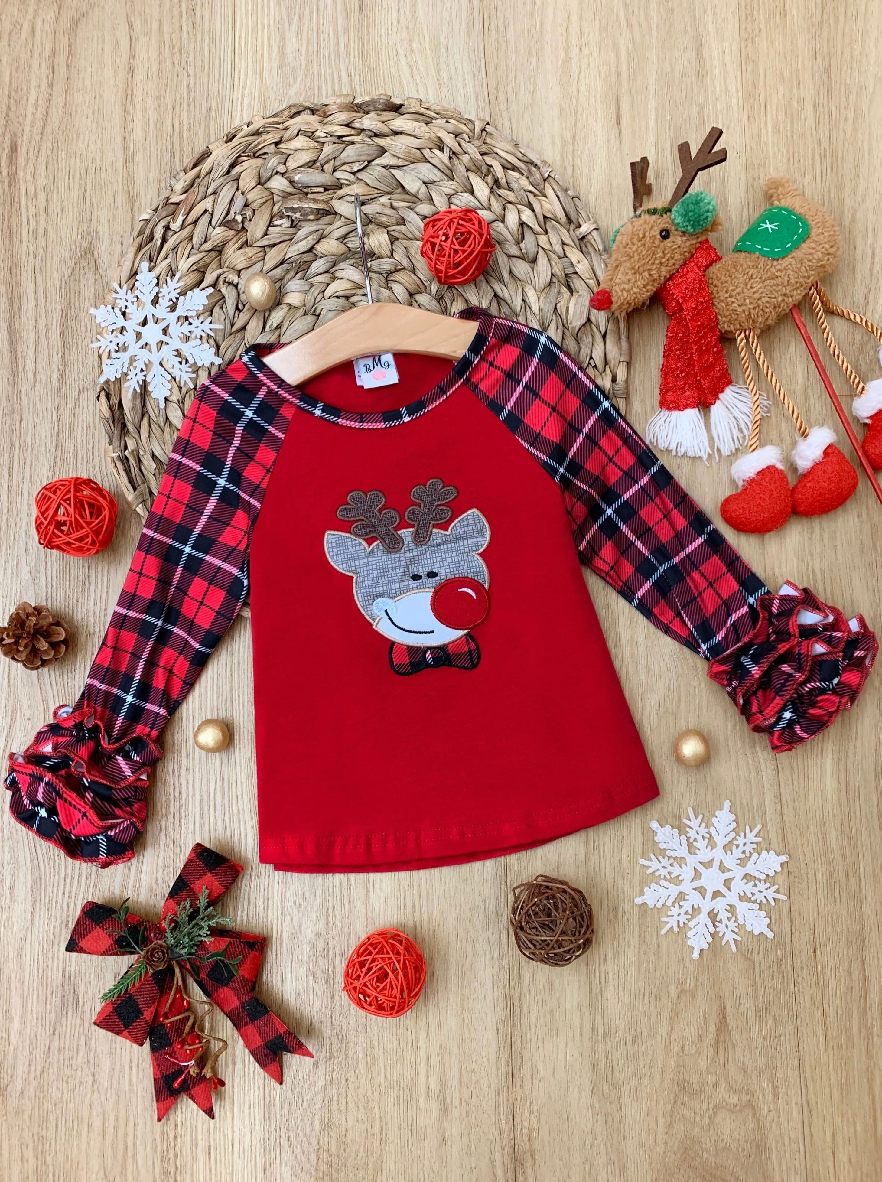 Oh, Deer Me Plaid Ruffle Raglan Top