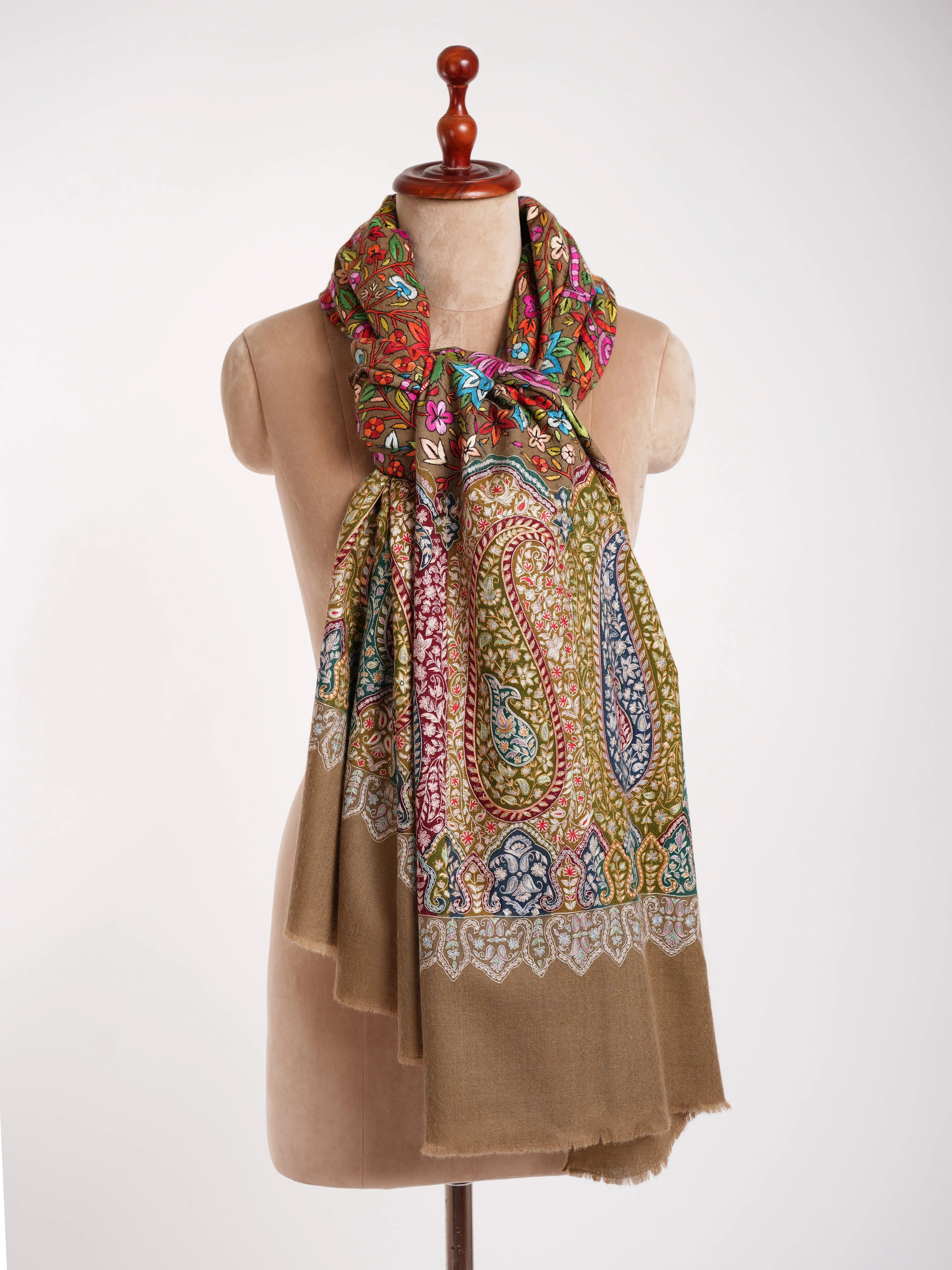 Papier-mâché and Kalamkari Fusion Pashmina Shawl Toosh Color