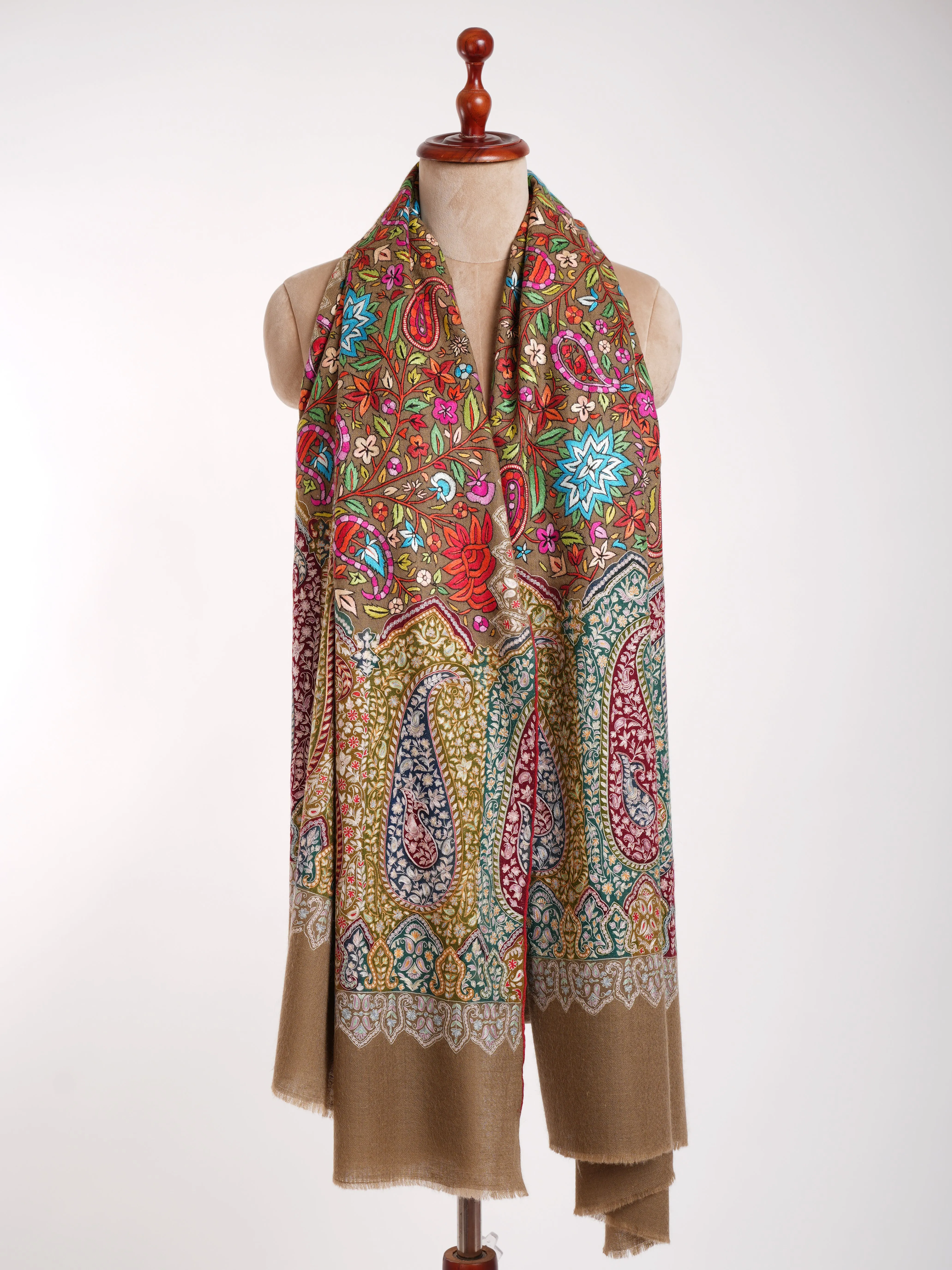 Papier-mâché and Kalamkari Fusion Pashmina Shawl Toosh Color